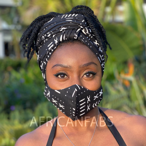 Afrikaanse hoofddoek + mondkapje matching SET - Zwart / witte mud