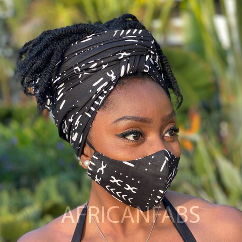 Afrikaanse hoofddoek + mondkapje matching SET - Zwart / witte mud