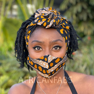 Afrikaanse hoofddoek + mondkapje matching SET - Zwart / bruine mud