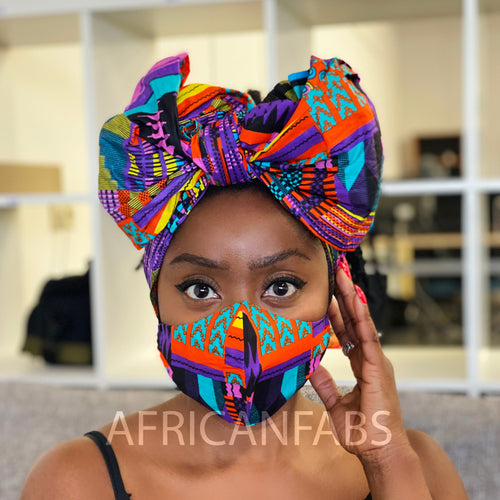 Afrikaanse hoofddoek + mondkapje matching SET - Paarse Kente