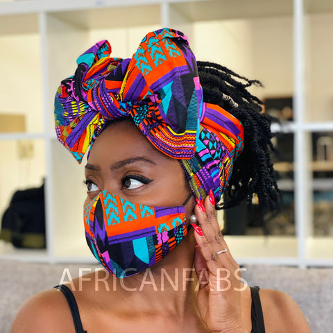 Afrikaanse hoofddoek + mondkapje matching SET - Paarse Kente