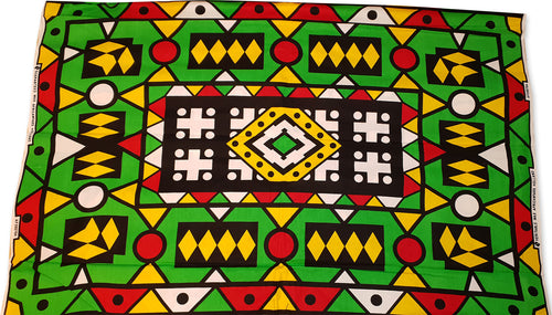 Afrikaanse Groen / Geel / Rode Samakaka stof - Traditioneel uit Angola - Samacaca 100% katoen