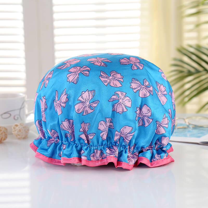 GROTE Douchemuts / Shower cap voor vol haar / krullen / afro - Blauw met roze strikjes
