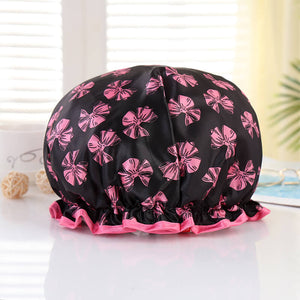 GROTE Douchemuts / Shower cap voor vol haar / krullen / afro - Zwart met roze strikjes en roze rand