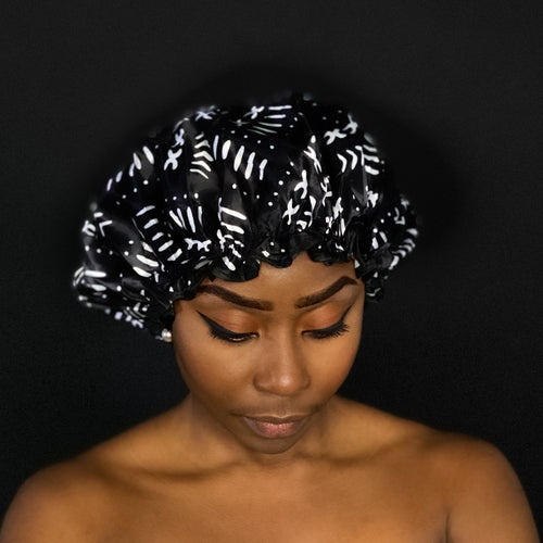 GROTE Douchemuts / Shower cap voor vol haar / krullen / afro - Zwart Witte bogolan