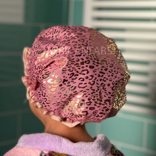 Douchemuts Kind / Shower cap voor kinderen - Roze Gouden Leopard