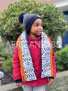 Warme Sjaal voor Kinderen met Afrikaanse print Unisex - Wit / Zwarte bogolan met Oranje kente
