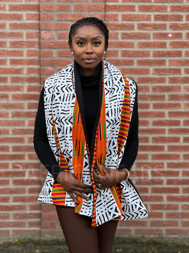 Warme Sjaal met Afrikaanse print Unisex - Wit / Zwarte bogolan met Oranje kente