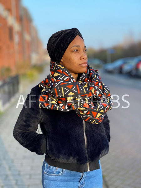 Warme Sjaal met Afrikaanse print Unisex - Bruin / Oranje / Beige mud cloth / bogolan