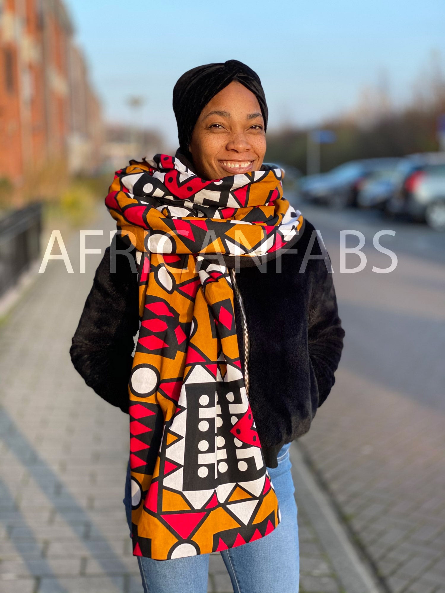 Warme Sjaal met Afrikaanse print Unisex - Mosterd Rode Samakaka