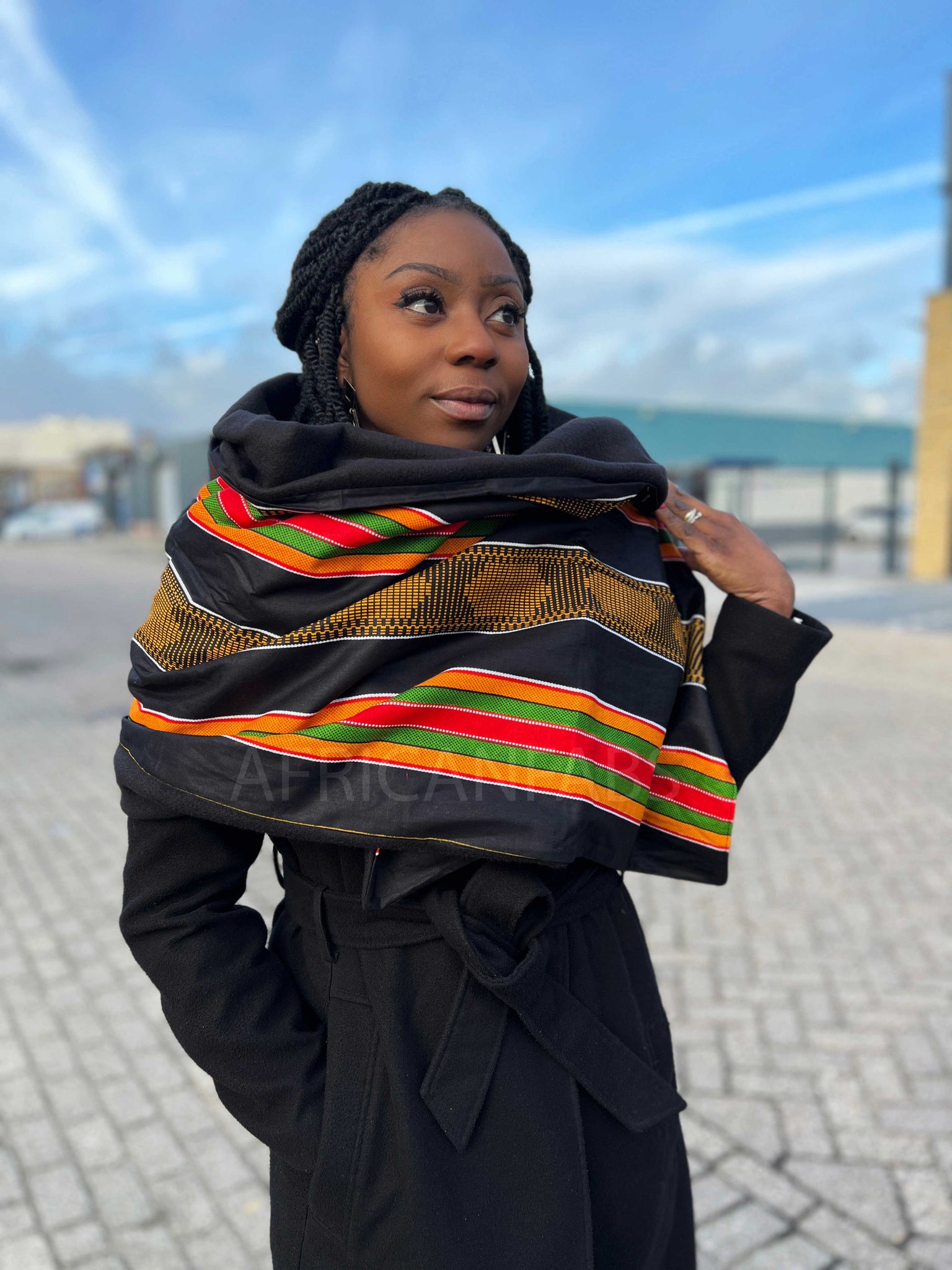 Warme Sjaal met Afrikaanse print Unisex - Zwart Pan African Kente
