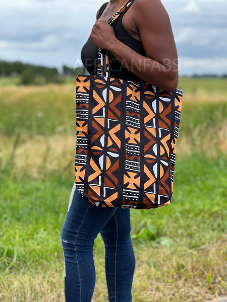 Shopper tas met Afrikaanse print - Bruine bogolan - Herbruikbare Boodschappentas van katoen