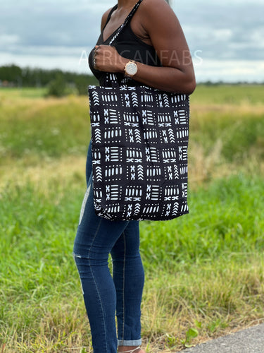 Shopper tas met Afrikaanse print - Zwarte bogolan - Herbruikbare Boodschappentas van katoen