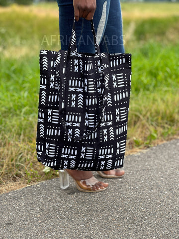 Shopper tas met Afrikaanse print - Zwarte bogolan - Herbruikbare Boodschappentas van katoen