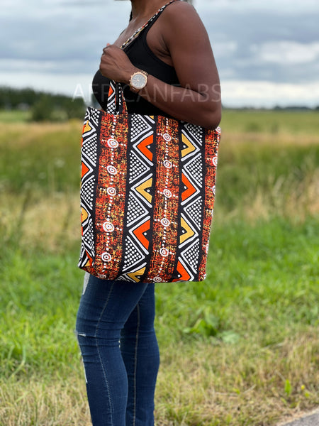 Shopper tas met Afrikaanse print - Oranje bogolan - Herbruikbare Boodschappentas van katoen