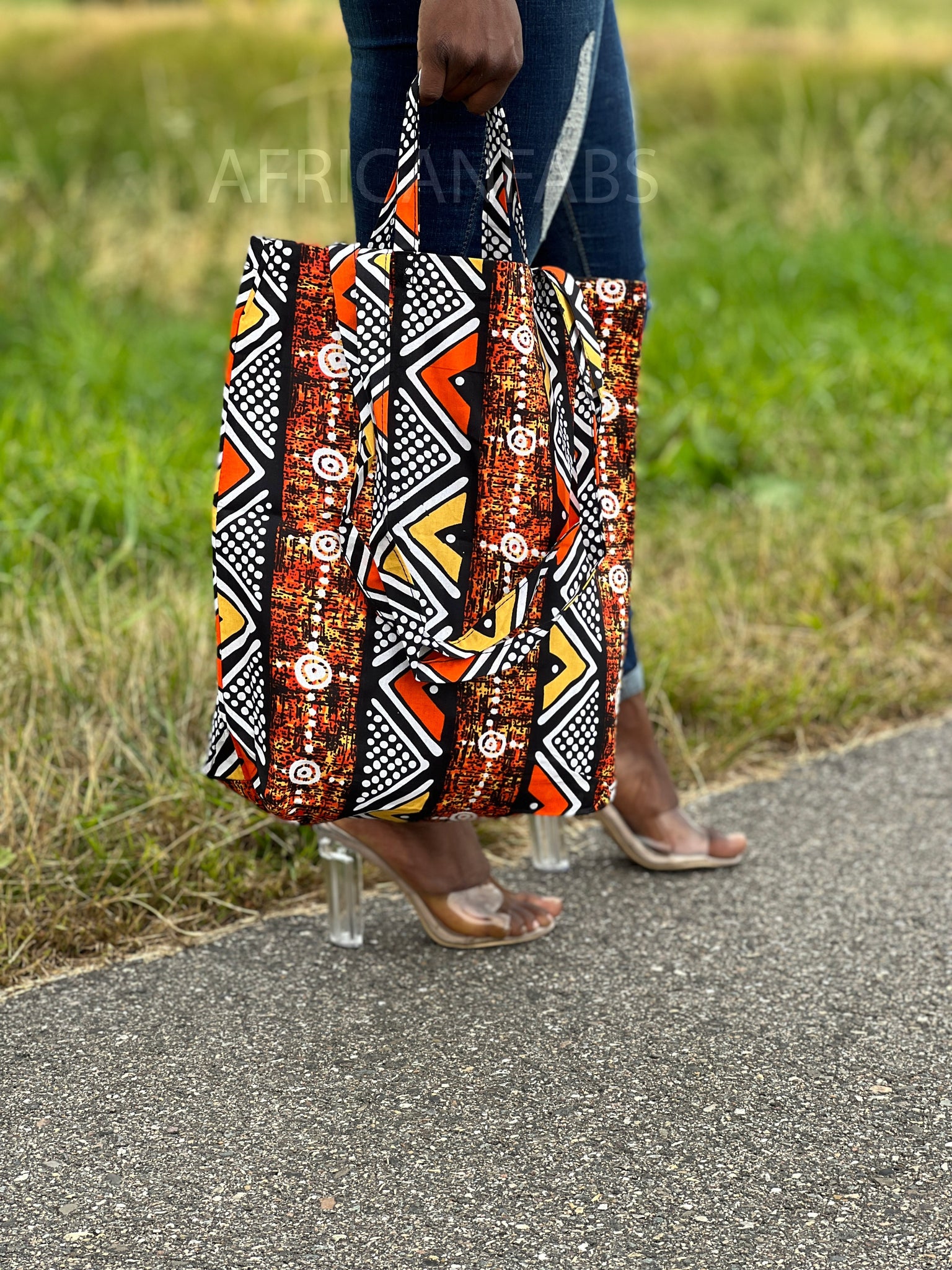 Shopper tas met Afrikaanse print - Oranje bogolan - Herbruikbare Boodschappentas van katoen