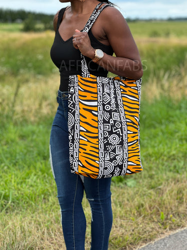 Shopper tas met Afrikaanse print - Gele bogolan - Herbruikbare Boodschappentas van katoen