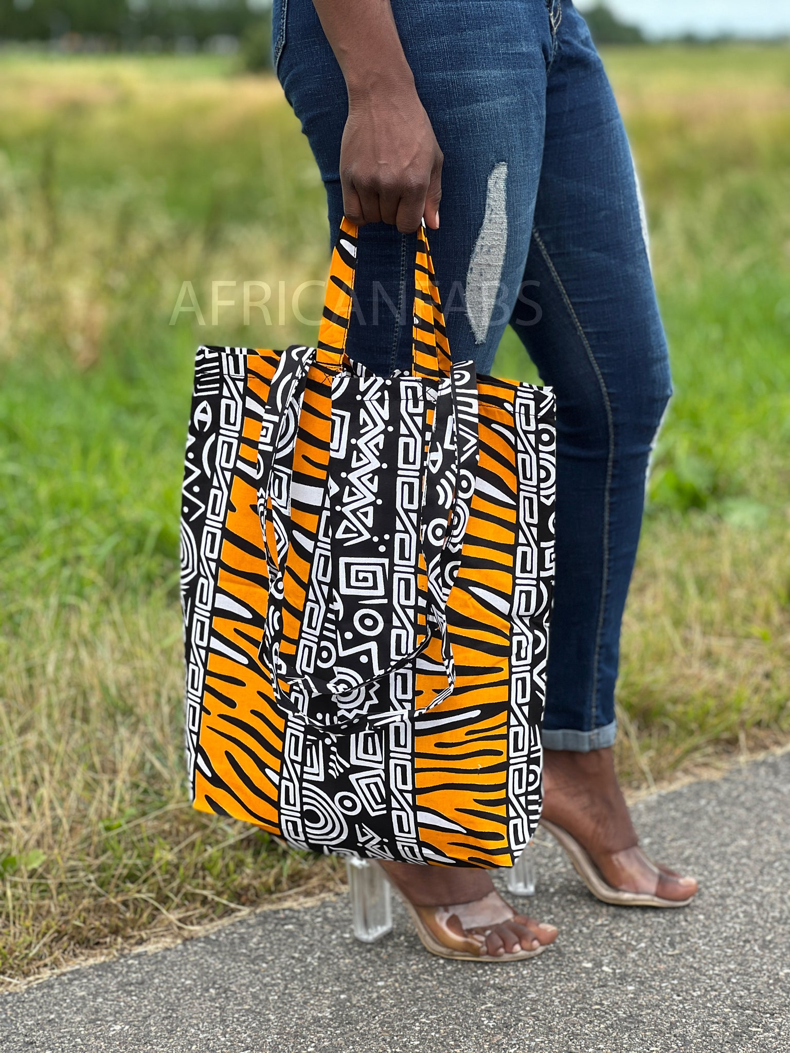 Shopper tas met Afrikaanse print - Gele bogolan - Herbruikbare Boodschappentas van katoen
