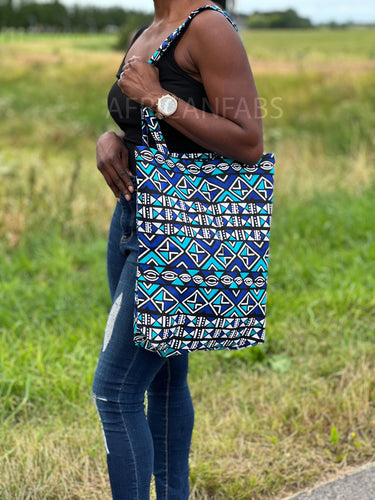 Shopper tas met Afrikaanse print - Blauw / turquoise bogolan - Herbruikbare Boodschappentas van katoen