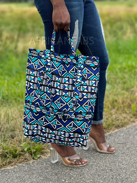 Shopper tas met Afrikaanse print - Blauw / turquoise bogolan - Herbruikbare Boodschappentas van katoen