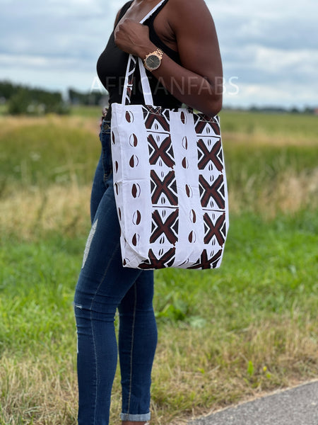 Shopper tas met Afrikaanse print - Wit / bruine bogolan - Herbruikbare Boodschappentas van katoen
