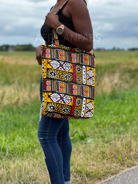 Shopper tas met Afrikaanse print - Geel / rode bogolan - Herbruikbare Boodschappentas van katoen