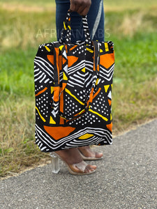Shopper tas met Afrikaanse print - Oranje / gele bogolan - Herbruikbare Boodschappentas van katoen