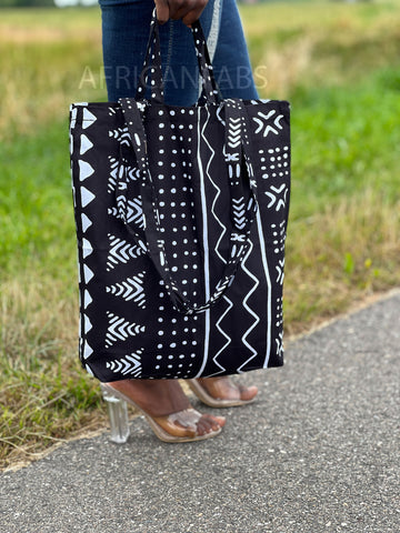 Shopper tas met Afrikaanse print - Zwart / witte bogolan - Herbruikbare Boodschappentas van katoen