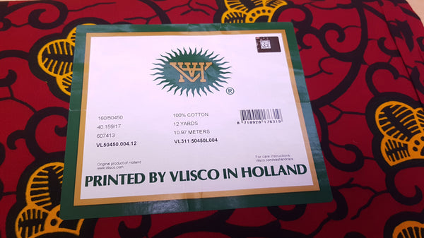 VLISCO stof Hollandais Afrikaanse Wax print - Rood / Gele Branch