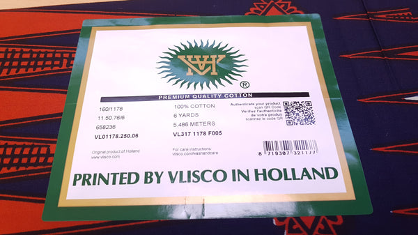 VLISCO stof Hollandais Afrikaanse Wax print - Blauw / Rode Pencil