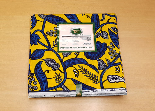 VLISCO stof Hollandais Afrikaanse Wax print - Geel / Blauwe leaftrail