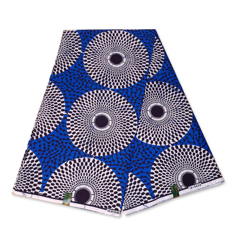 VLISCO stof Hollandais Afrikaanse Wax print - Blauw / Witte / Zwarte Record