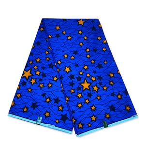 VLISCO stof Hollandais Afrikaanse Wax print - Blauw / Oranje Stars