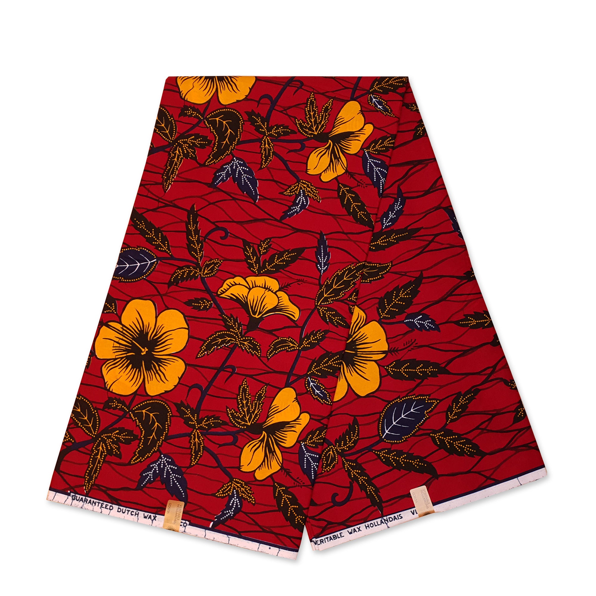 VLISCO stof Hollandais Afrikaanse Wax print - Donker Rood / Gele hibiscus flowers