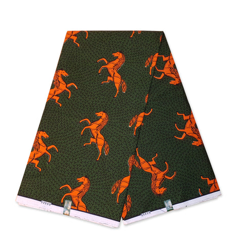 VLISCO stof Hollandais Afrikaanse Wax print - Groen / Oranje Jumping Horse