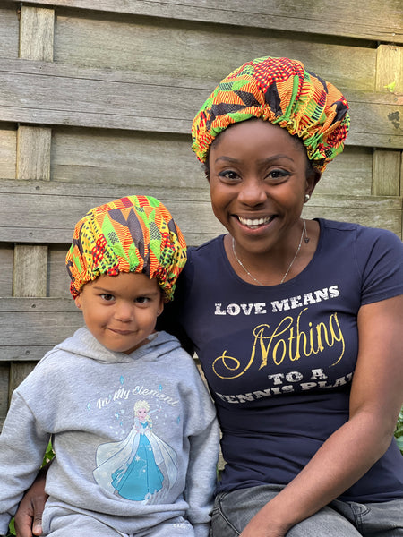 Afrikaanse Kente Print Slaapmuts (Moeder + Dochter / Mommy & Me) Satijnen Hair Bonnet