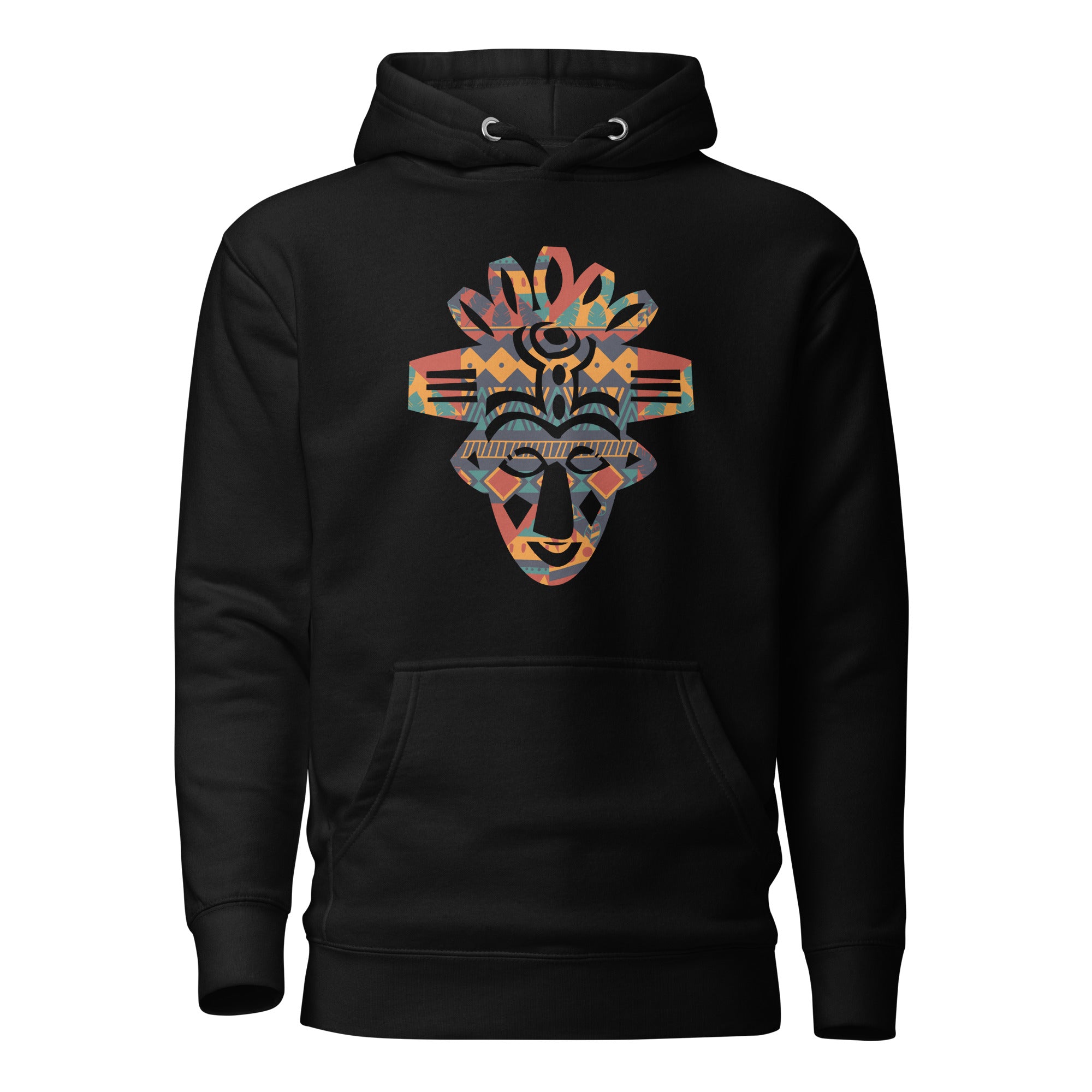Hoodie - Unisex - Afrikaans masker in gekleurde print D027 (Hoodie in Zwart of Wit)