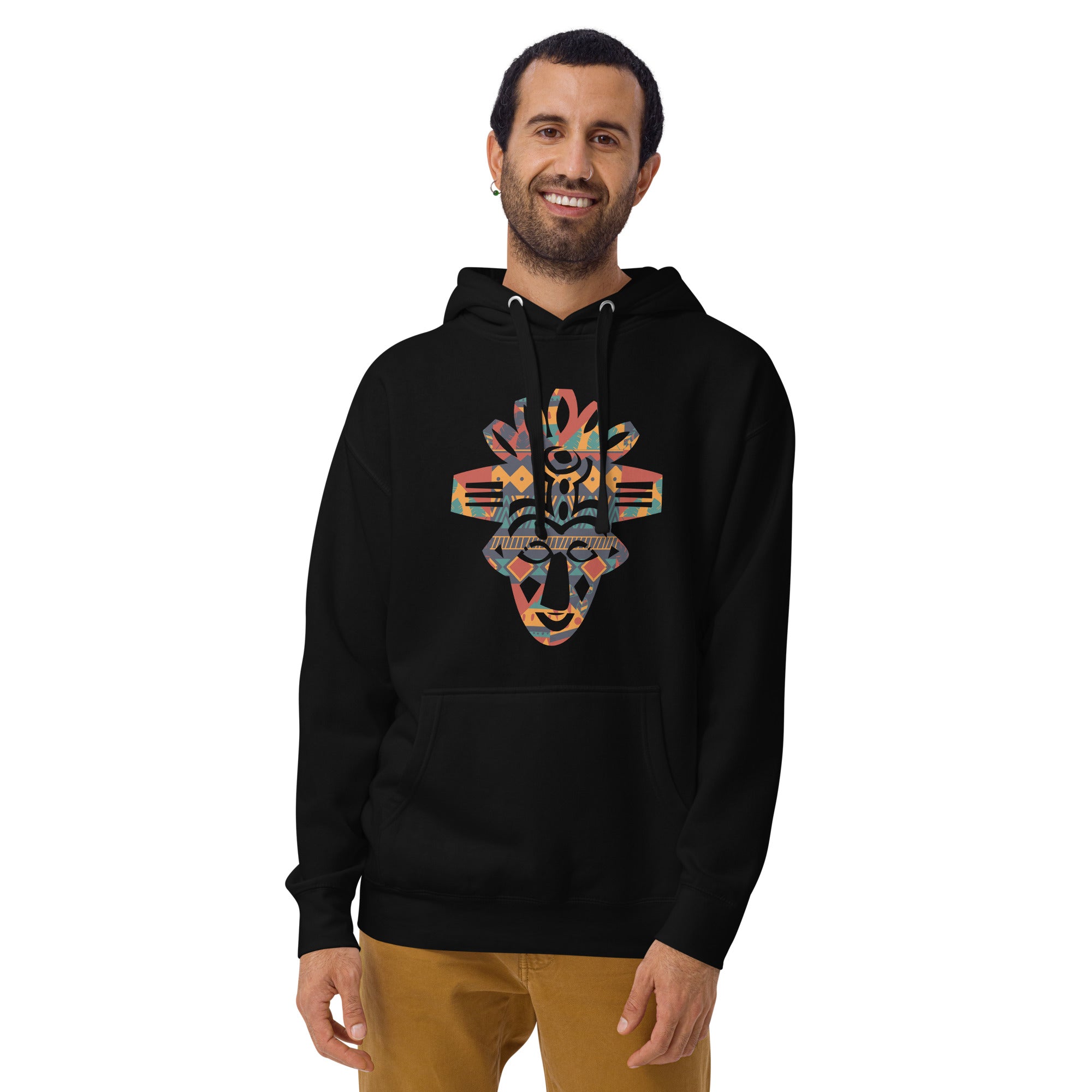 Hoodie - Unisex - Afrikaans masker in gekleurde print D027 (Hoodie in Zwart of Wit)