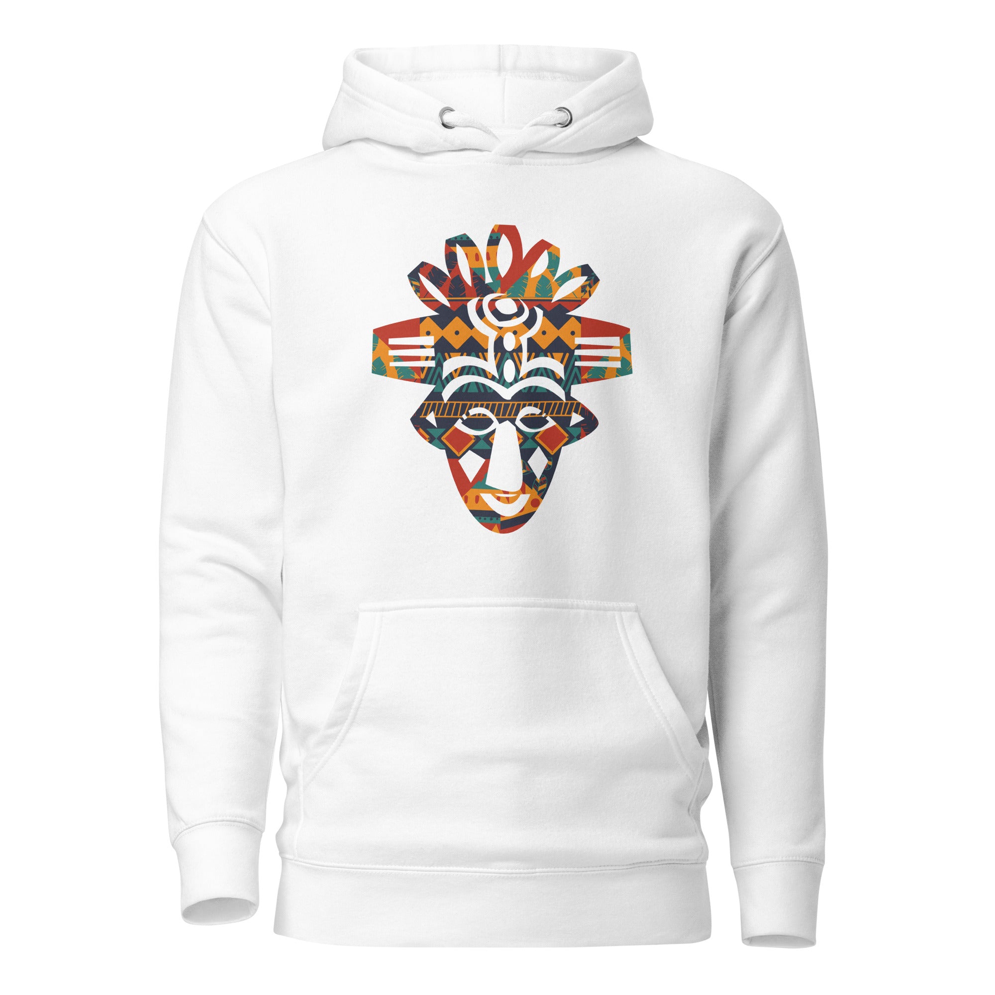 Hoodie - Unisex - Afrikaans masker in gekleurde print D027 (Hoodie in Zwart of Wit)