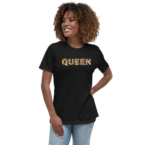 T-shirt Dames - QUEEN in kente print D009 (shirt in zwart of wit)