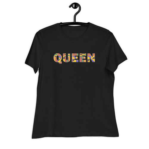 T-shirt Dames - QUEEN in kente print D009 (shirt in zwart of wit)